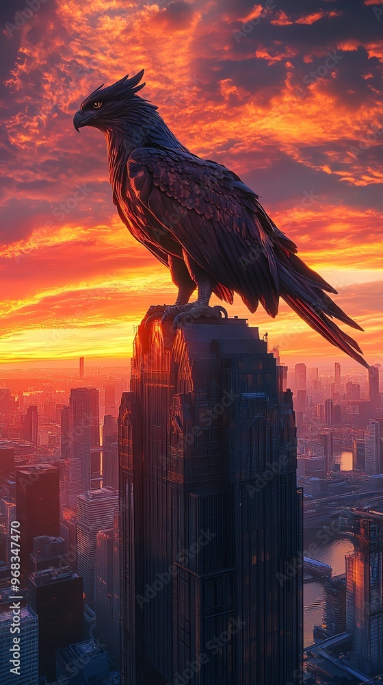 Obraz premium A low-angle view of a majestic griffin perched atop a skyscraper