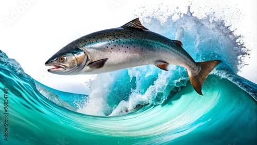 A leaping salmon soars through the air, its silver body glistening as it clears the crest of a