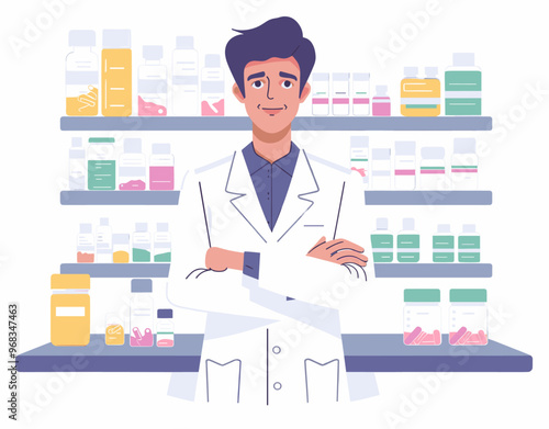 Pharmacist portrait with medicine bottles behind. Flat design minimalist illustration on white background