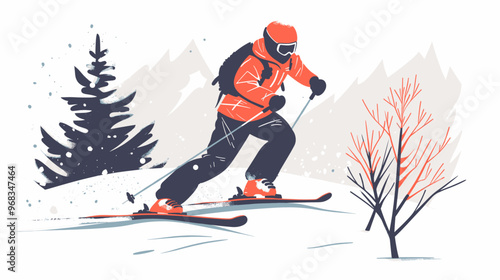 Professional skier in the mountain snow. Flat design illustration vector graphics