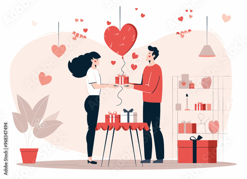 Valentine's Day celebration with couple exchanging gifts. Minimalist flat design illustration