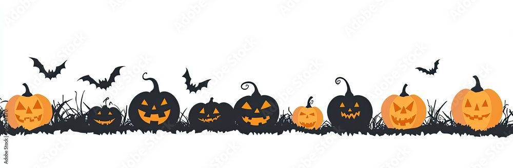 Fototapeta premium A festive Halloween border featuring various jack-o'-lanterns, bats, and spooky elements to enhance seasonal decorations.
