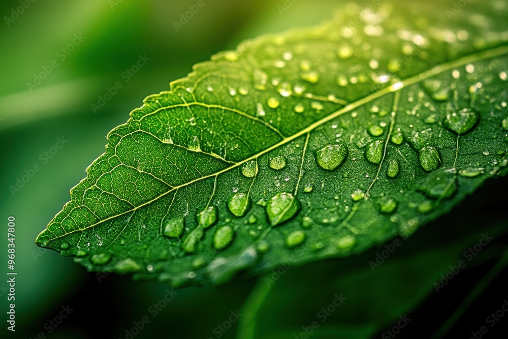 Close-up of a vibrant green leaf with droplets of water glistening, showcasing nature's beauty and freshness. Close-up of a vibrant green leaf with droplets of water glistening, showcasing nature's beauty and freshness.