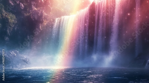 Majestic Waterfall with Rainbow and Sparkling Mist