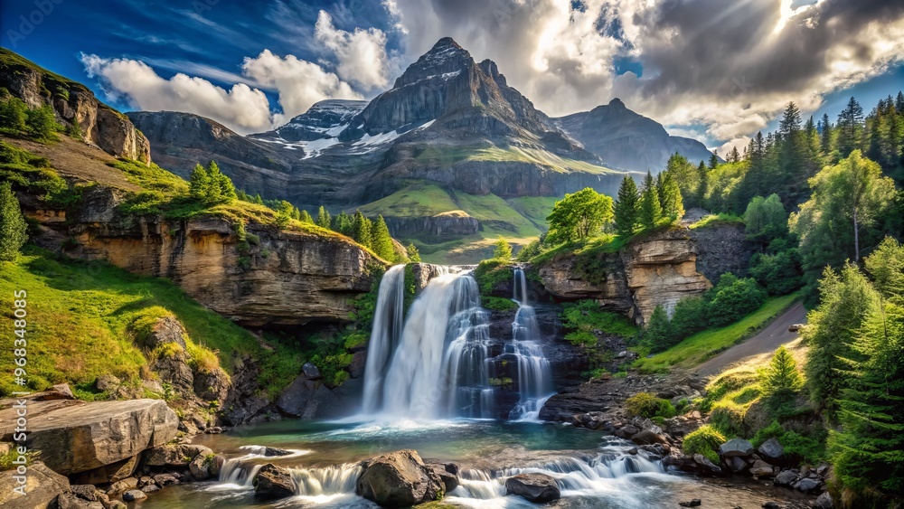 Fototapeta premium A majestic waterfall tumbles over rocky cliffs, surrounded by vibrant greenery and a distant mountain peak, exuding
