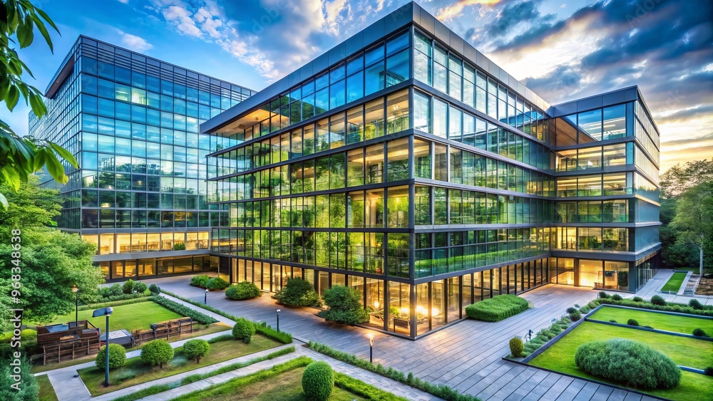 * Amidst a verdant setting, a sleek office building shines with a glass facade and airy open spaces * Amidst a verdant setting, a sleek office building shines with a glass facade and airy open spaces