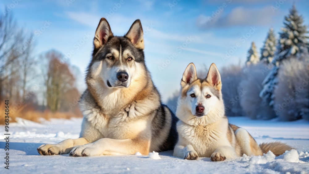 Amidst the serene stillness of the snow-covered meadow, a German Shepherd and Siberian Husky companionably rest, their Amidst the serene stillness of the snow-covered meadow, a German Shepherd and Siberian Husky companionably rest, their