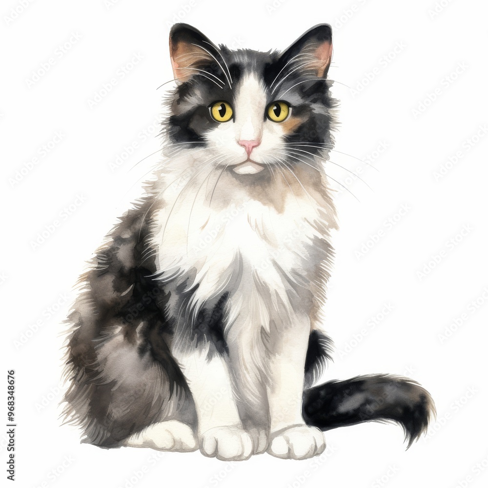 Beautiful Watercolor Illustration of a Fluffy Cat with Big Yellow Eyes - Unique Art for Cat Lovers and Pet-Themed Decor Beautiful Watercolor Illustration of a Fluffy Cat with Big Yellow Eyes - Unique Art for Cat Lovers and Pet-Themed Decor