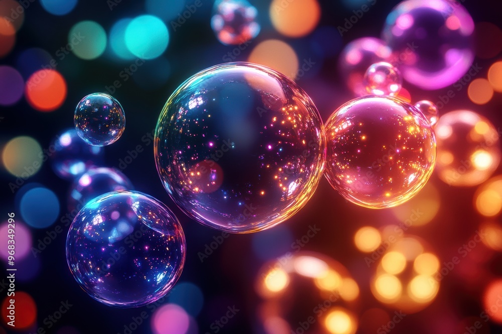 Colorful bubbles floating in a dreamy background, creating a magical and vibrant atmosphere filled with light and reflections. Colorful bubbles floating in a dreamy background, creating a magical and vibrant atmosphere filled with light and reflections.