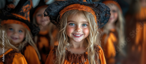 smiling kids in halloween costumes at party, skeleton, vampire, witch, children, kid, child, masquerade, portrait, october 31, all saints day, celebration, holiday, autumn, fall, girl, boy, childhood