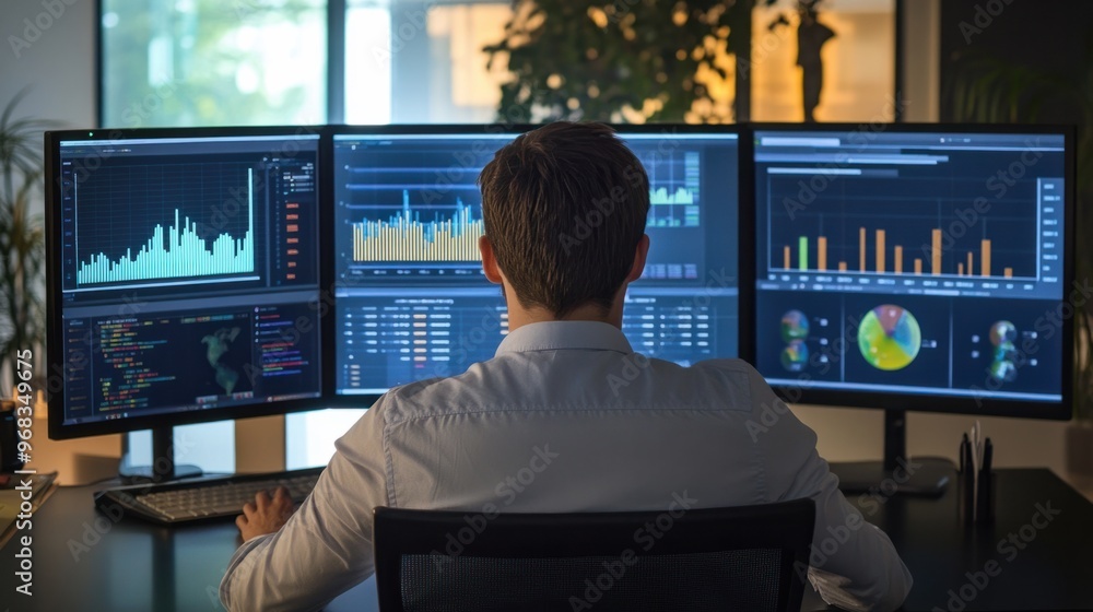 A business analyst preparing outsourcing performance reports on multiple monitors. A business analyst preparing outsourcing performance reports on multiple monitors.