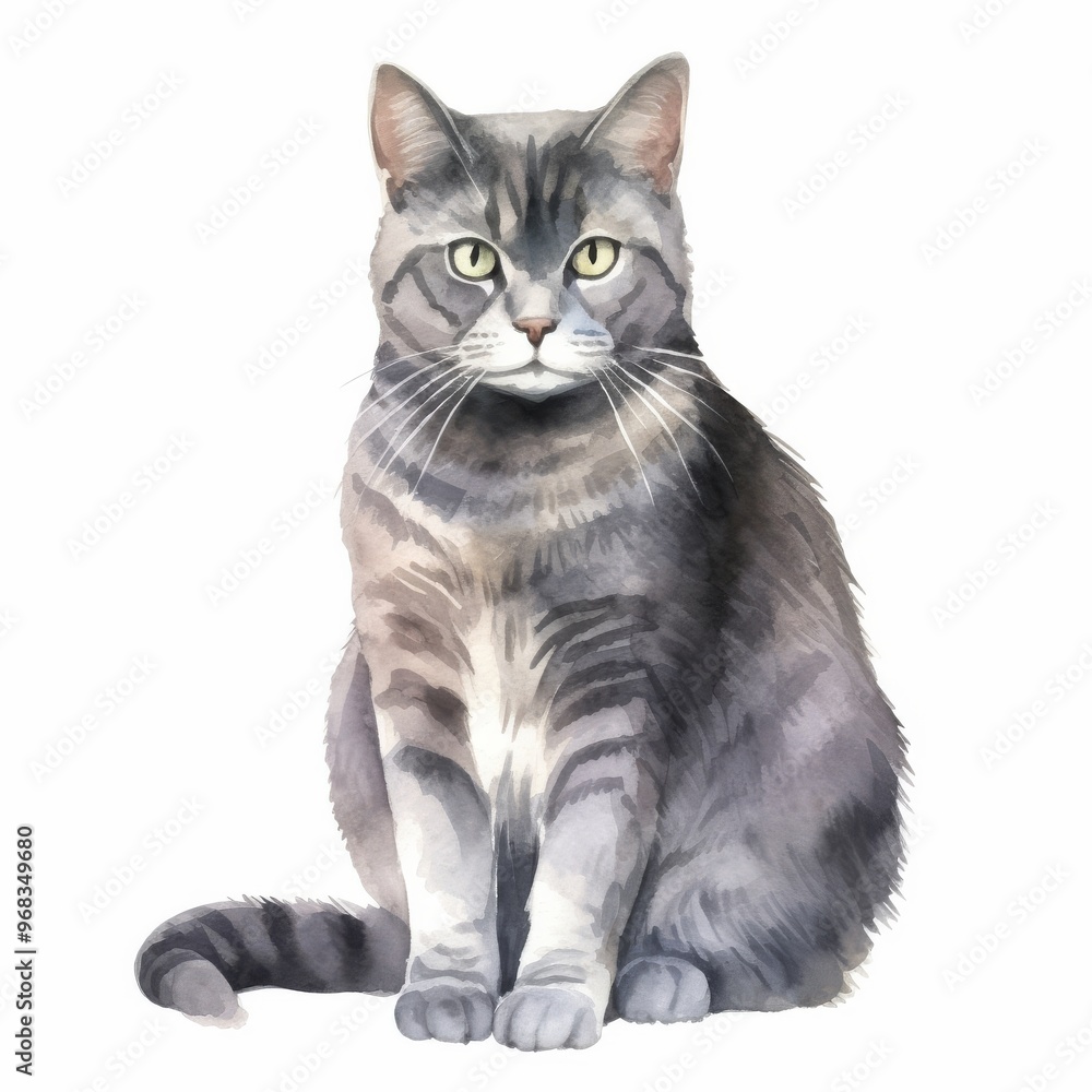 Obraz premium Detailed Watercolor Illustration of a Gray Tabby Cat Sitting â€“ Perfect Artwork for Animal Lovers and Pet-Themed Designs