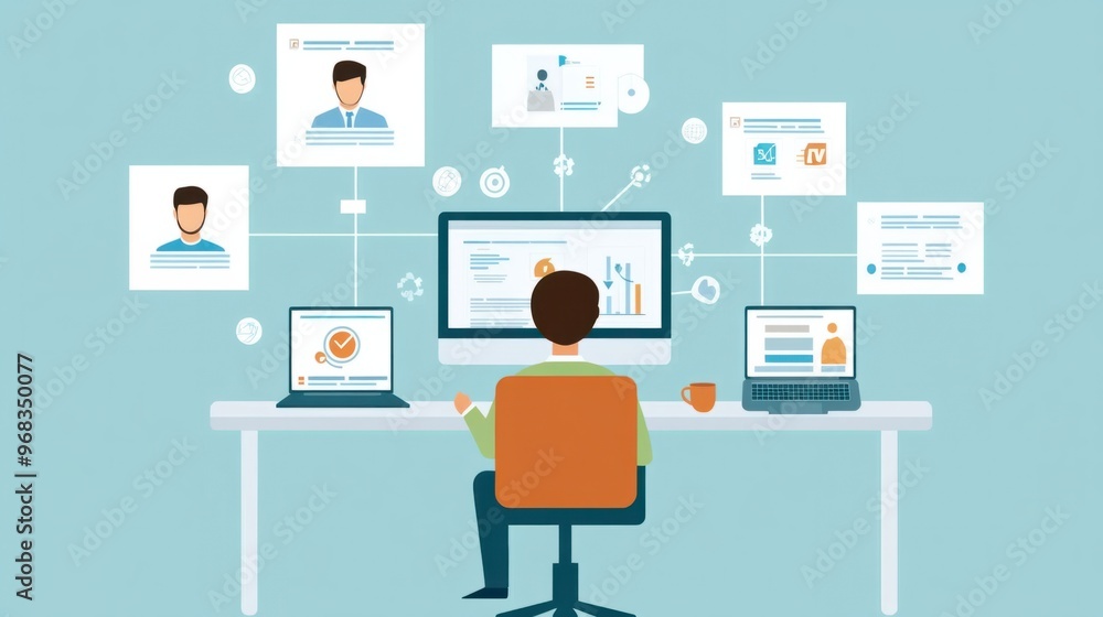 A businessperson delegating tasks to a team of freelancers via project management software. A businessperson delegating tasks to a team of freelancers via project management software.