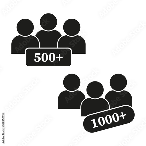 Group size icons. 500 plus members. 1000 plus members. Black people symbols.