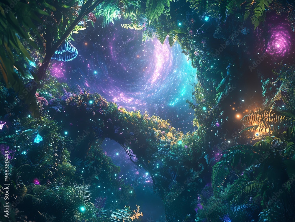 Obraz premium A vibrant worms-eye view of a lush fantasy forest