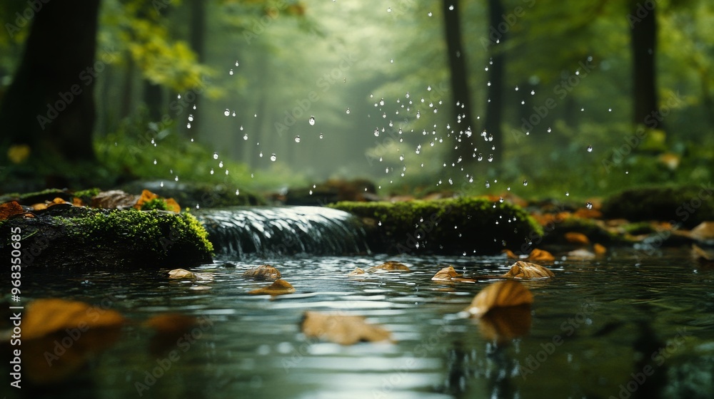 Fototapeta premium Rain Droplets Falling on a Stream in a Forest