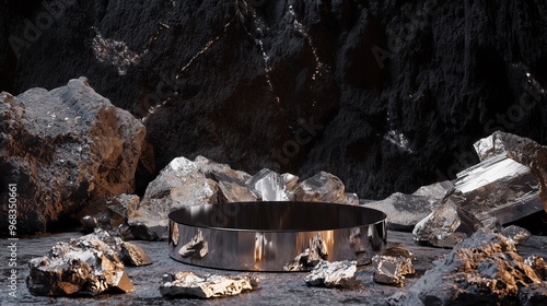 A metallic 3D podium crafted from tungsten, surrounded by scattered pieces of raw minerals and metallic veins running through the surface photo