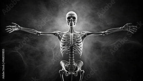 A skeletal figure rises from the darkness, its bony limbs stretching out to claim the world, its skull photo