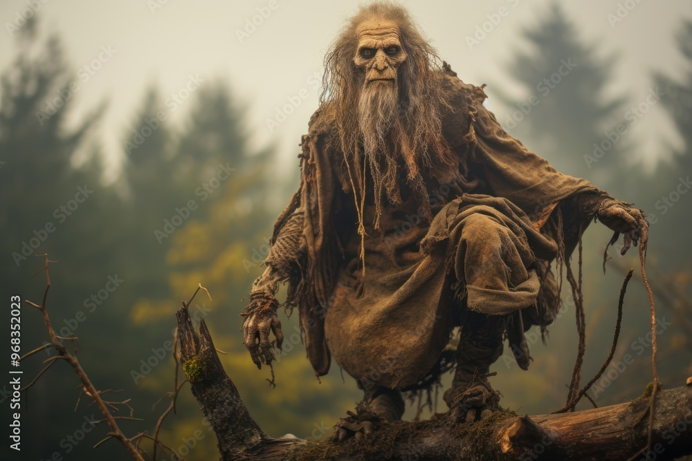 Fototapeta premium Slavic legends: Baba Yaga, Leshy from Slavic folklore, Baba Yaga as notorious witch in hut on chicken legs, Leshy as shape-shifting forest spirit, mystique and danger of Eastern Slavic mythology