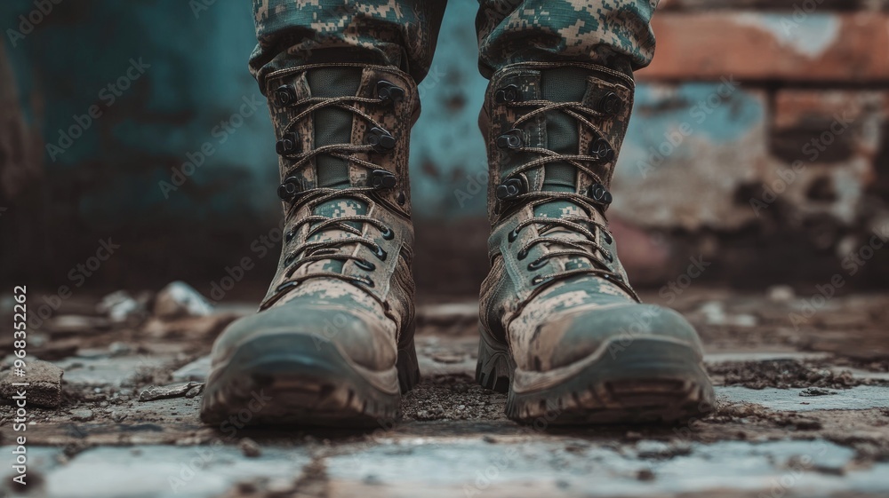 Close-up of worn military boots on rough ground Close-up of worn military boots on rough ground