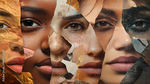 Dramatic collage of faces, different races and ethnicities, acceptance and embracing diversity. Collage. Illustration photo