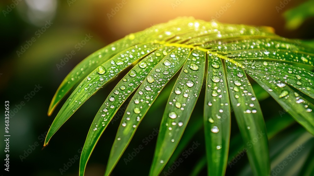 Dew Drops on Green Palm Leaf with Sunlight Dew Drops on Green Palm Leaf with Sunlight
