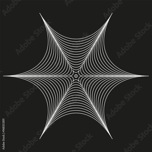 Abstract star shape. Concentric white lines. Black background. Geometric symmetrical design.