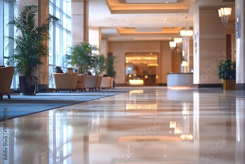 Blurred view of a modernly designed upscale hotel lobby. photo