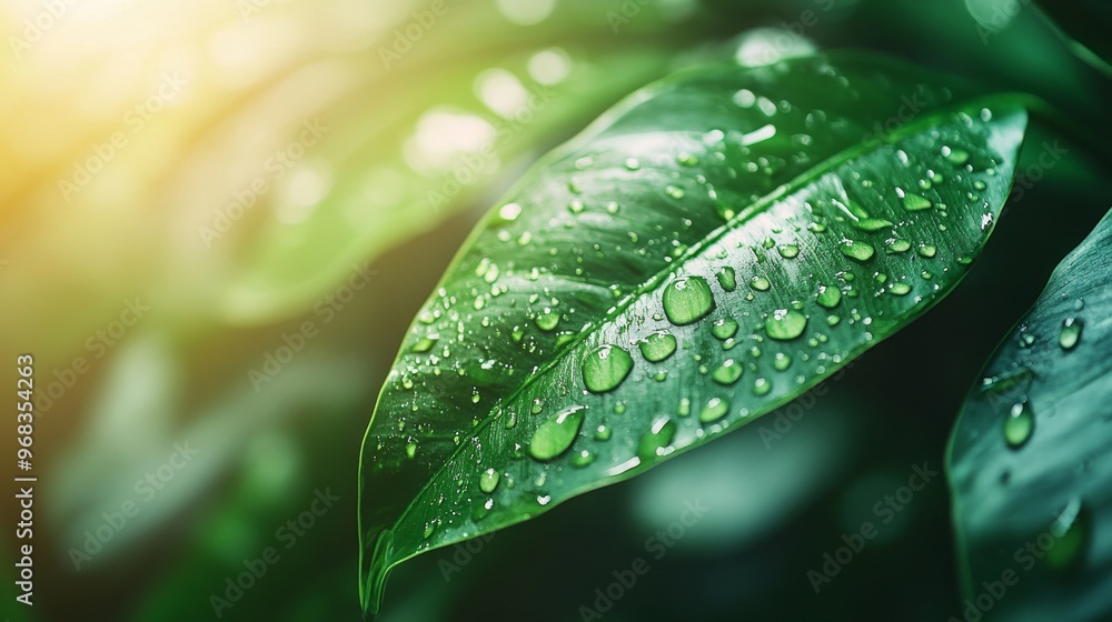 Dewdrops on a Green Leaf in Sunlight Dewdrops on a Green Leaf in Sunlight