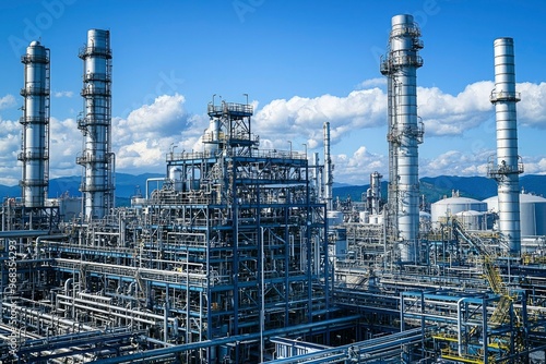 Industrial Complex with Towers and Pipelines Under Blue Sky