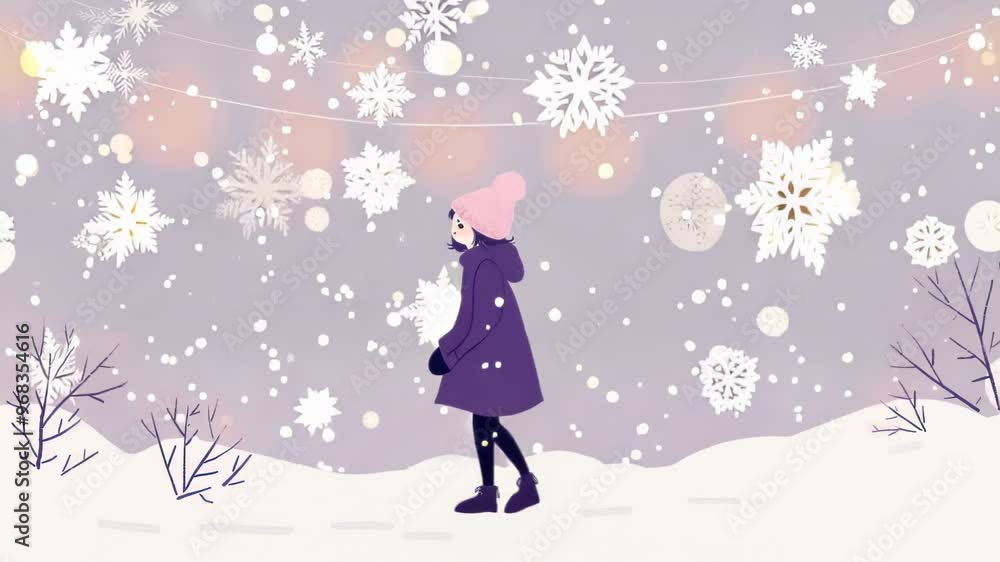 Enchanting winter scene with a girl in purple coat walking through snowy landscape. Soft pastel colors and delicate snowflakes create dreamy atmosphere. Enchanting winter scene with a girl in purple coat walking through snowy landscape. Soft pastel colors and delicate snowflakes create dreamy atmosphere.