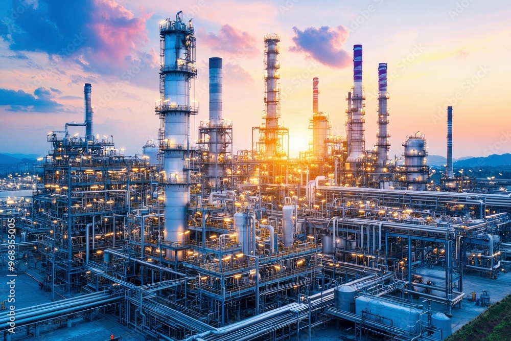 Industrial Refinery Complex at Dusk with a Sunset Sky Industrial Refinery Complex at Dusk with a Sunset Sky