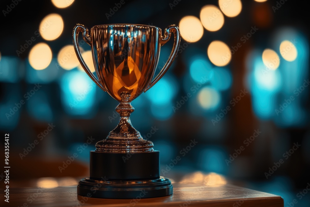 Shiny trophy on a table with blurred lights in the background, symbolizing achievement and victory. Shiny trophy on a table with blurred lights in the background, symbolizing achievement and victory.