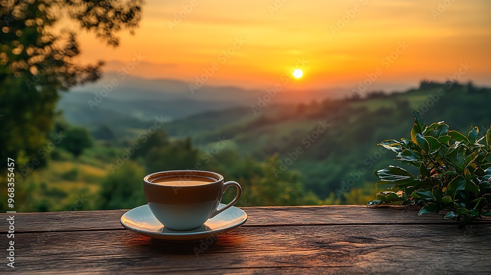 A cup of coffee on a wooden table with a scenic sunrise over rolling hills in the background. A cup of coffee on a wooden table with a scenic sunrise over rolling hills in the background.