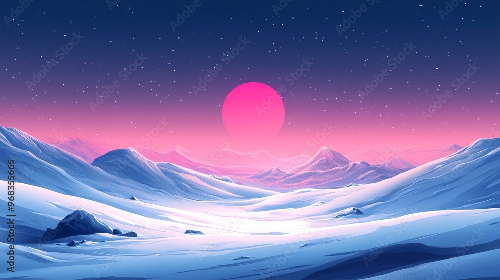 Pink Sun Over a Snow-Covered Mountain Range Pink Sun Over a Snow-Covered Mountain Range