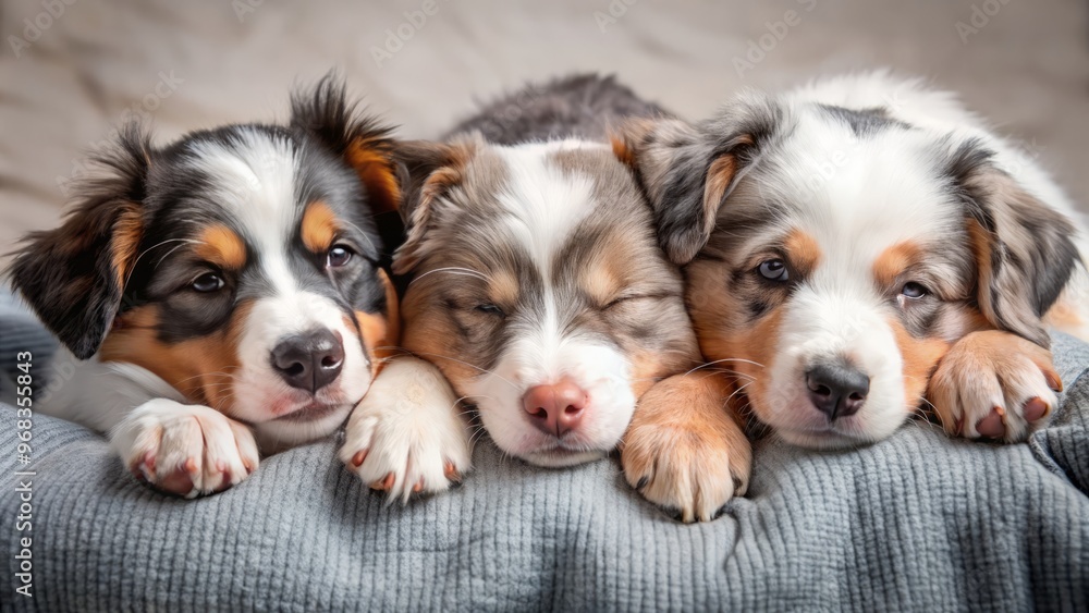 Australian Shepherd mix puppies snuggle into a tight ball of furry friendship, their dreamy eyes closed to the Australian Shepherd mix puppies snuggle into a tight ball of furry friendship, their dreamy eyes closed to the
