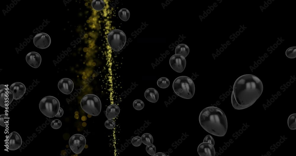 Animation of black balloons and light trail on black background Animation of black balloons and light trail on black background