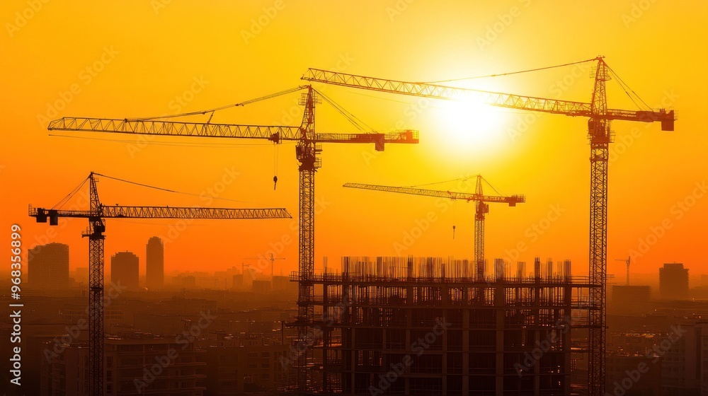 Construction Cranes Silhouetted Against a Sunset Construction Cranes Silhouetted Against a Sunset