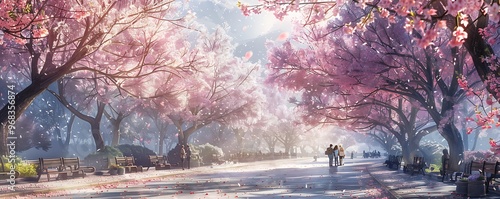 A serene park scene with cherry blossom trees and people walking along a path. photo