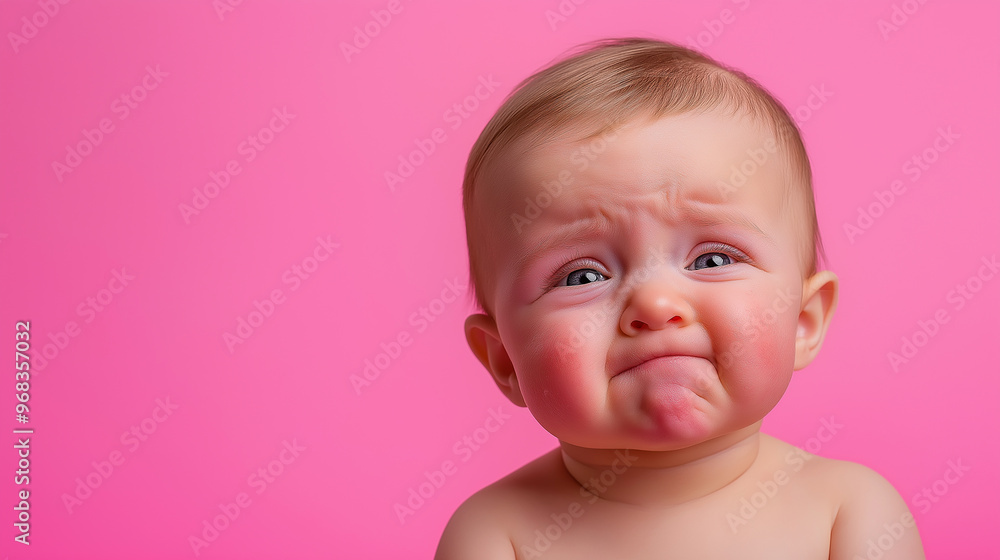 Sad baby crying with tear on pink background Sad baby crying with tear on pink background