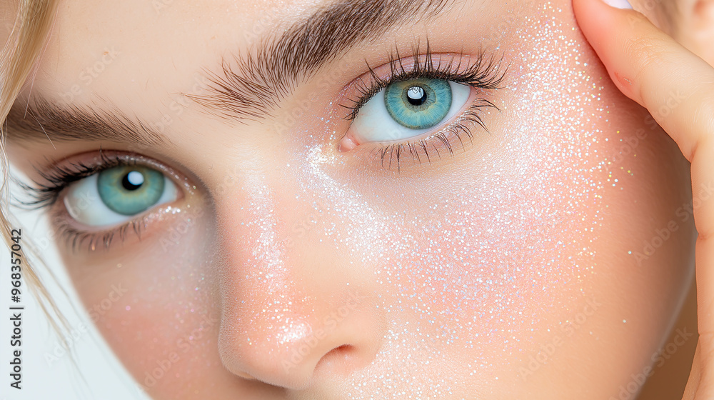 Fototapeta premium Woman with blue eyes showing glitter makeup beauty portrait