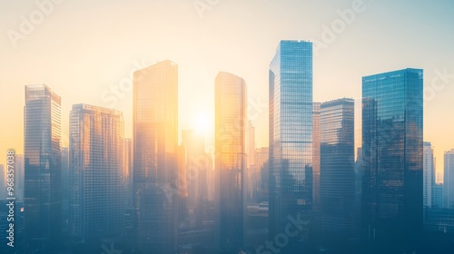 Stunning sunrise over a modern cityscape with gleaming glass skyscrapers, capturing urban beauty.