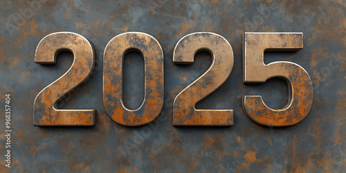 2025 oxidized metal number text against rusty metallic background