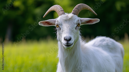 White goat posing on meadow in summertime