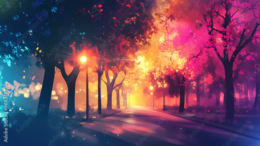 Wallpaper of light shines brightly on the trees. Pop Art. Illustration Wallpaper of light shines brightly on the trees. Pop Art. Illustration