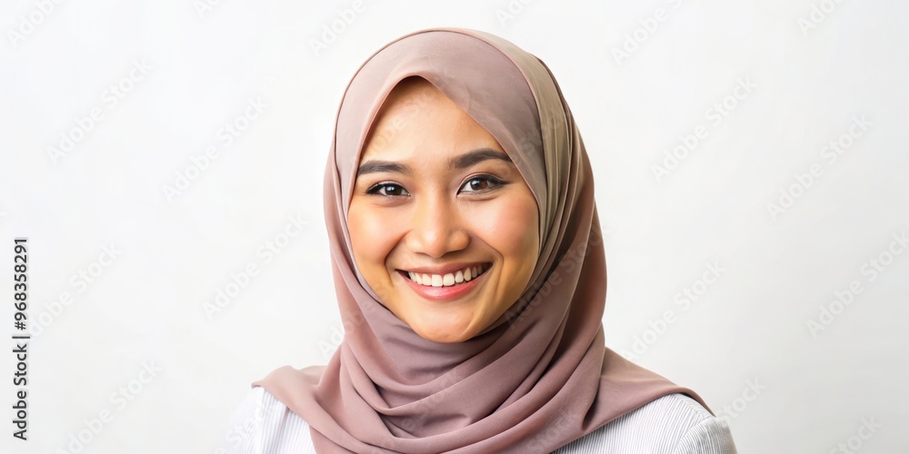 Beautiful Indonesian woman stands alone on a pristine white background, her delightful smile captivating the camera's Beautiful Indonesian woman stands alone on a pristine white background, her delightful smile captivating the camera's