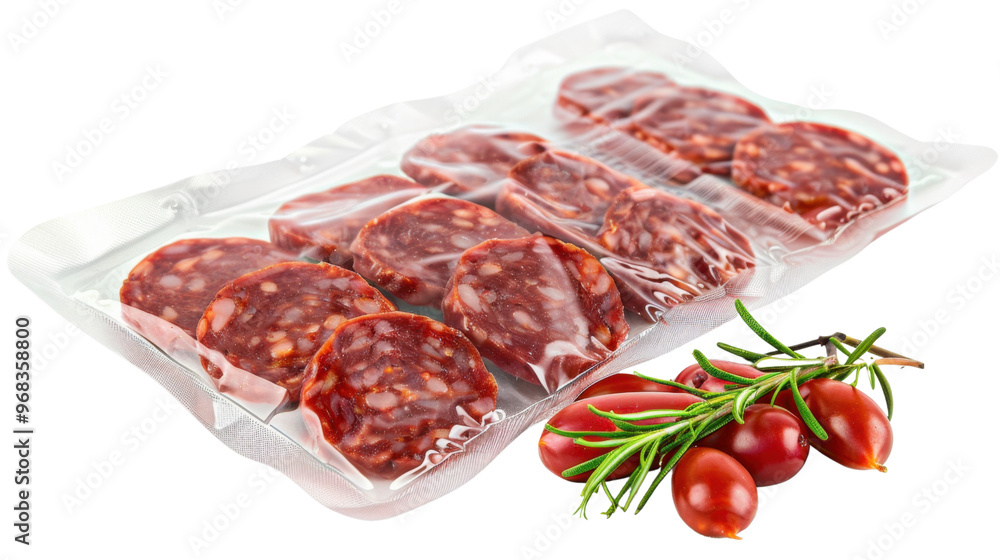 Sausage slices in vacuum packing on transparent background Sausage slices in vacuum packing on transparent background