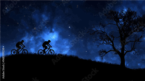 Silhouette of two people biking under a starry night sky, capturing the essence of adventure and exploration.