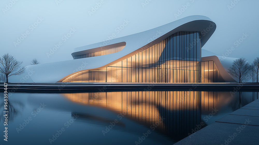 Modern building with organic architecture reflecting in water at dusk Modern building with organic architecture reflecting in water at dusk