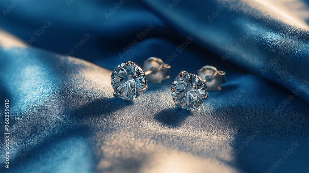 Pair of diamond earrings resting on blue satin fabric Pair of diamond earrings resting on blue satin fabric